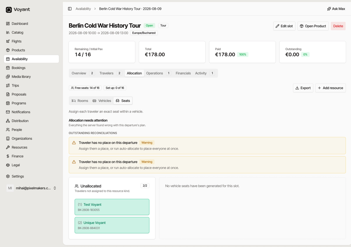 The Seats sub-tab showing two unallocated travelers and a message that no vehicle seats have been generated