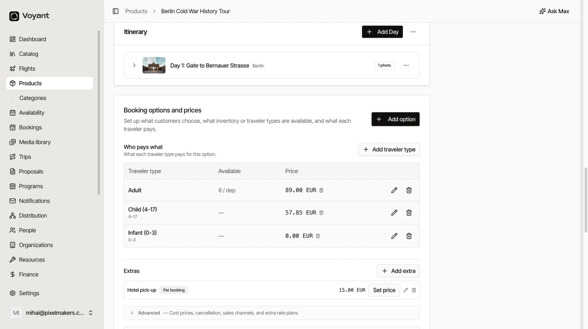 The Itinerary section showing Day 1 with a photo and a place, above the Booking options and prices section