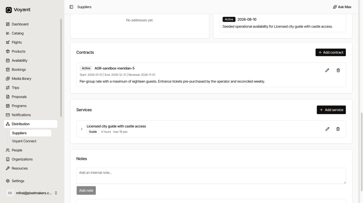 The contracts and services panels on a supplier, showing an active contract with start, end and renewal dates and a per-group rate description