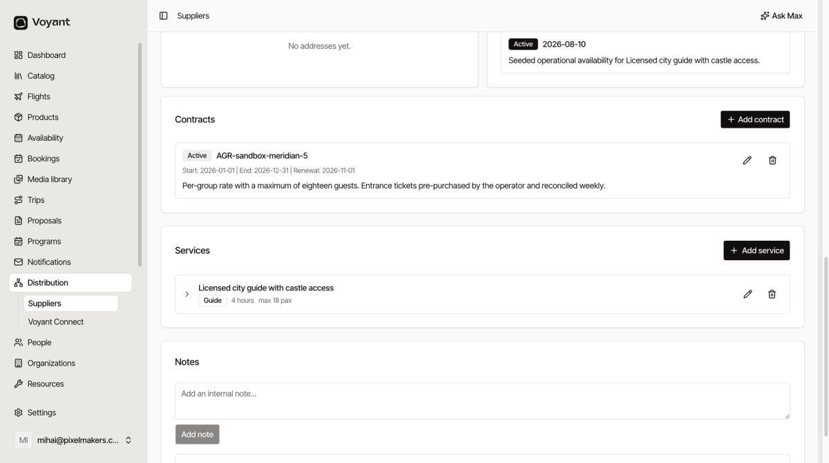 The contracts and services panels on a supplier, showing an active contract with start, end and renewal dates and a per-group rate description