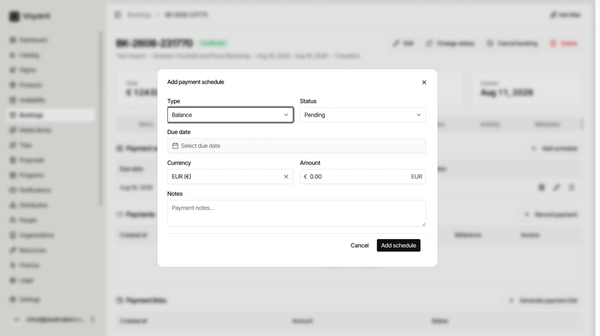 The Add payment schedule dialog with fields for type, status, due date, currency, amount and notes