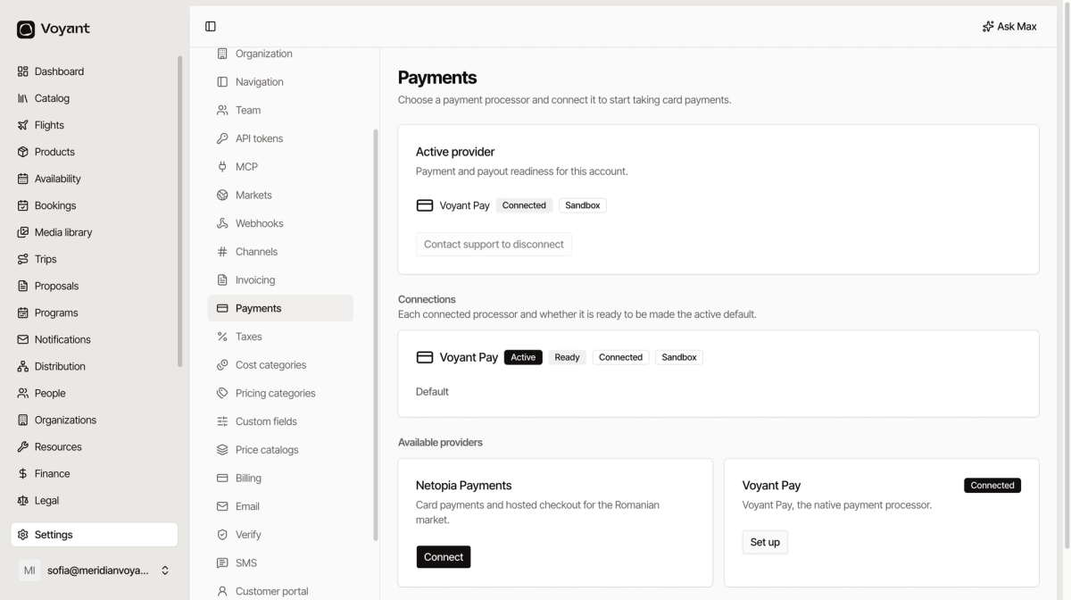 The payments settings page showing Voyant Pay as the active connected provider in sandbox mode, a connections list, and available providers including Netopia Payments