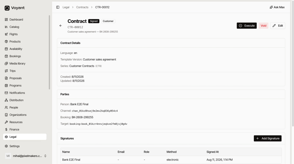 A signed customer contract showing contract details with language template version and series, a parties panel linking to the person channel and booking, and a signatures table with one electronic signature