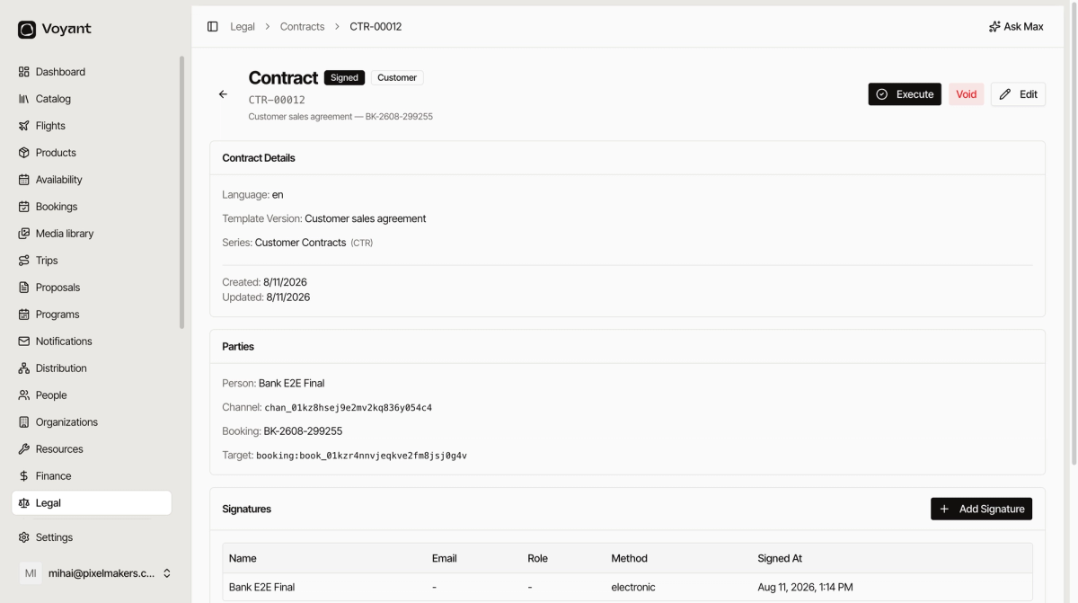 A signed customer contract showing contract details with language template version and series, a parties panel linking to the person channel and booking, and a signatures table with one electronic signature