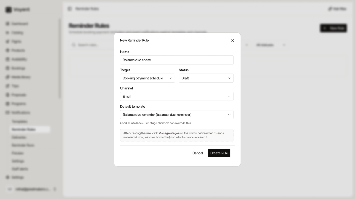 The New Reminder Rule panel with fields for name, target, status, channel and default template