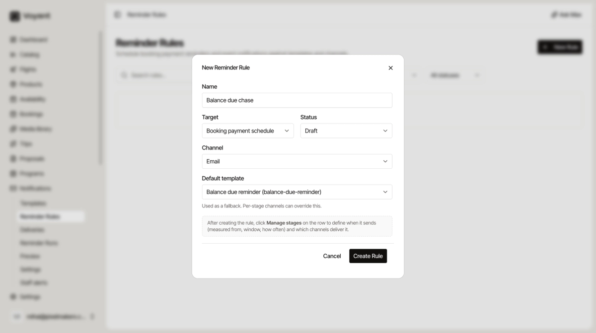 The New Reminder Rule panel with fields for name, target, status, channel and default template