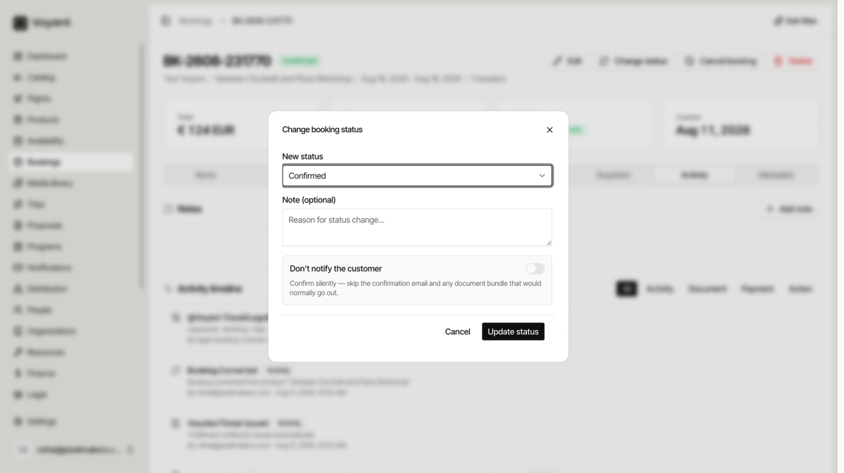 The Change booking status dialog with a new status field, an optional note, and a Do not notify the customer toggle