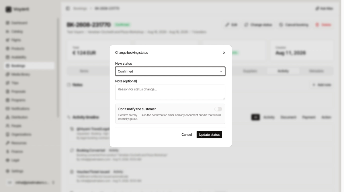 The Change booking status dialog with a new status field, an optional note, and a Do not notify the customer toggle