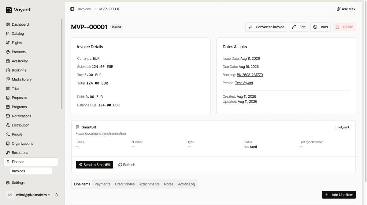 An invoice page showing currency, subtotal, tax, total, paid and balance due, alongside dates and links to the booking and person, with tabs for line items, payments and credit notes