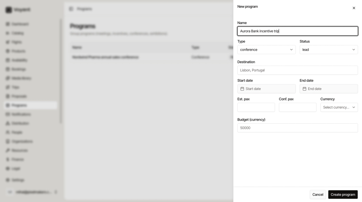 The New program panel with fields for name, type, status, destination, dates, estimated and confirmed headcount, currency and budget