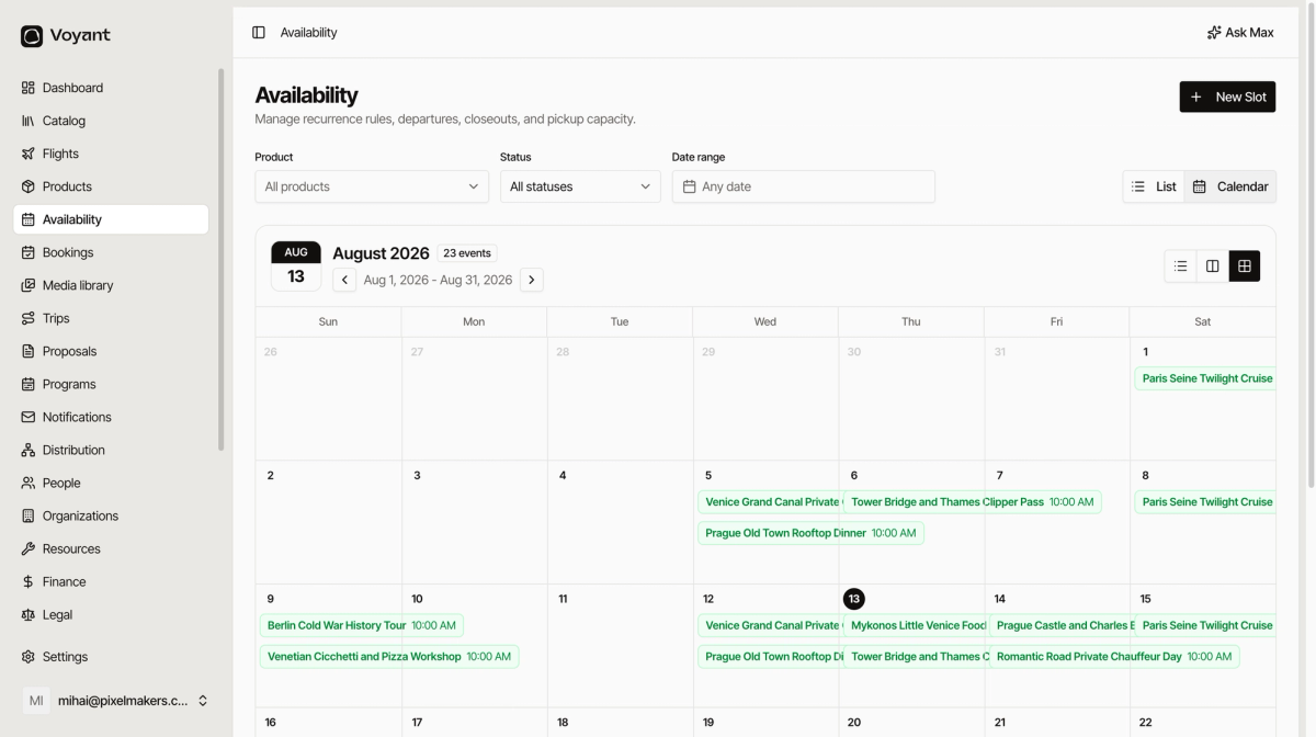 The Availability calendar showing August 2026 with departures placed on their dates