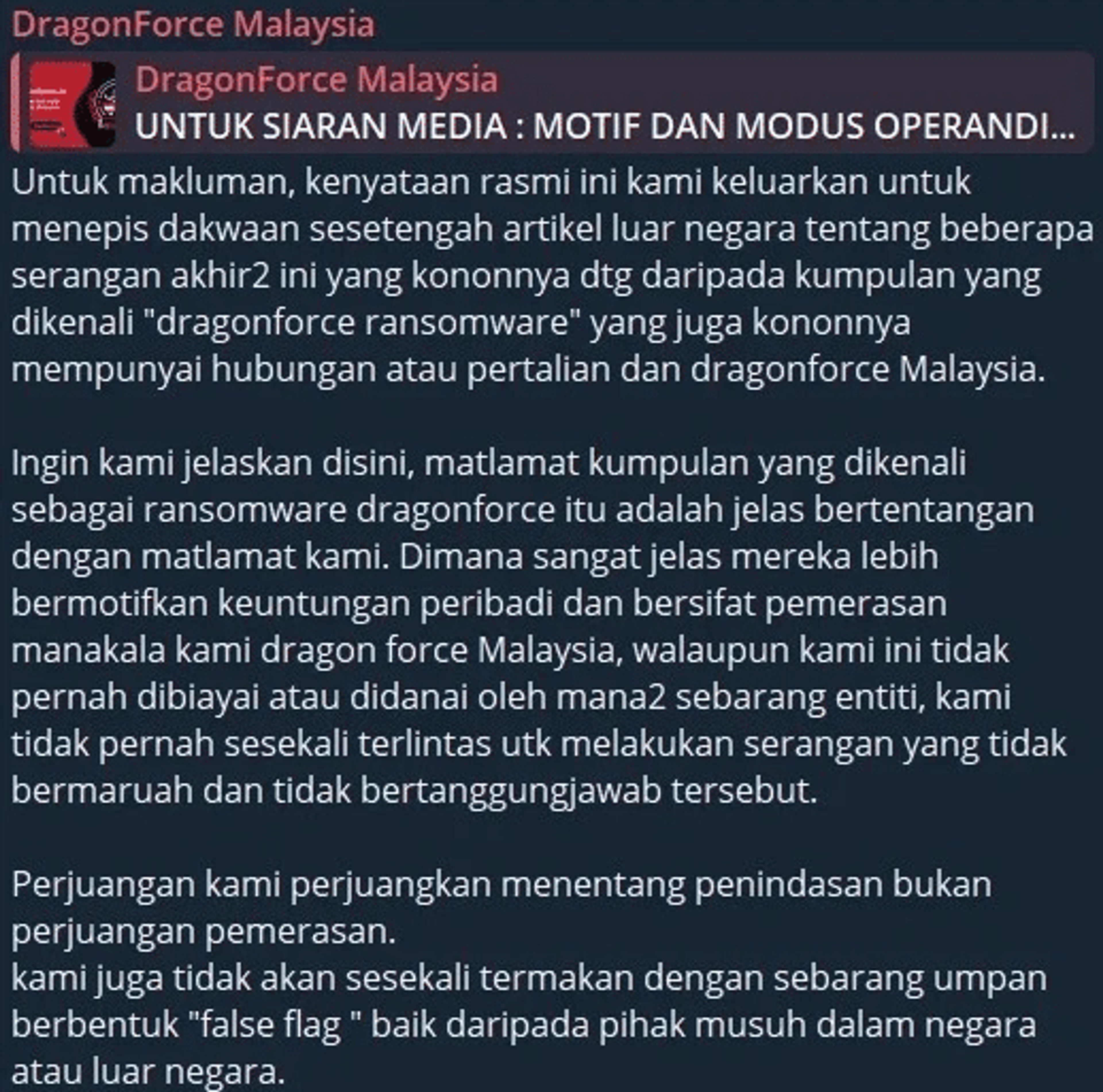 Denial issued by DragonForce Malaysia via Telegram