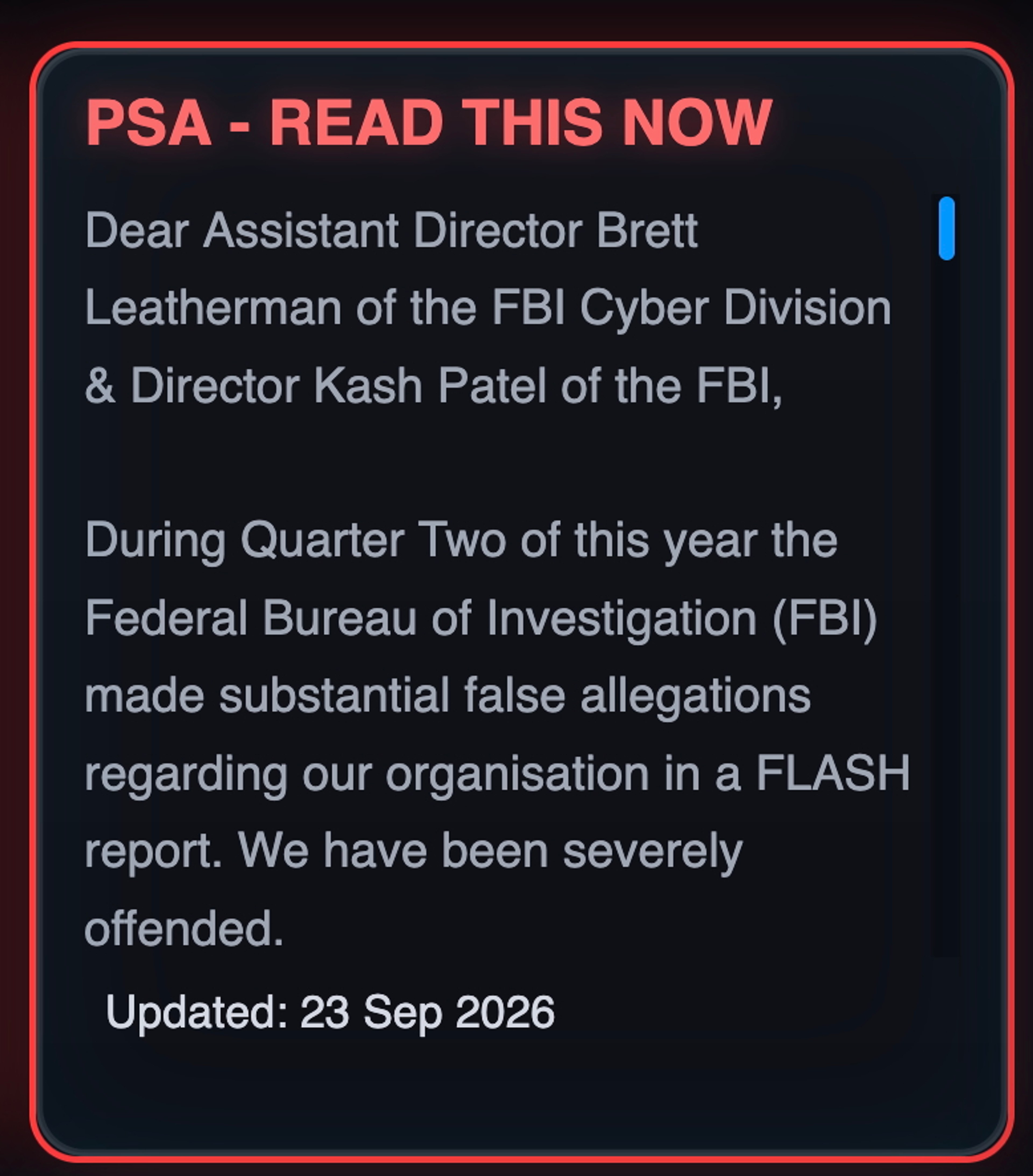 ShinyHunters message titled PSA - READ THIS NOW, addressed to FBI Director Kash Patel and Assistant Director Brett Leatherman. 