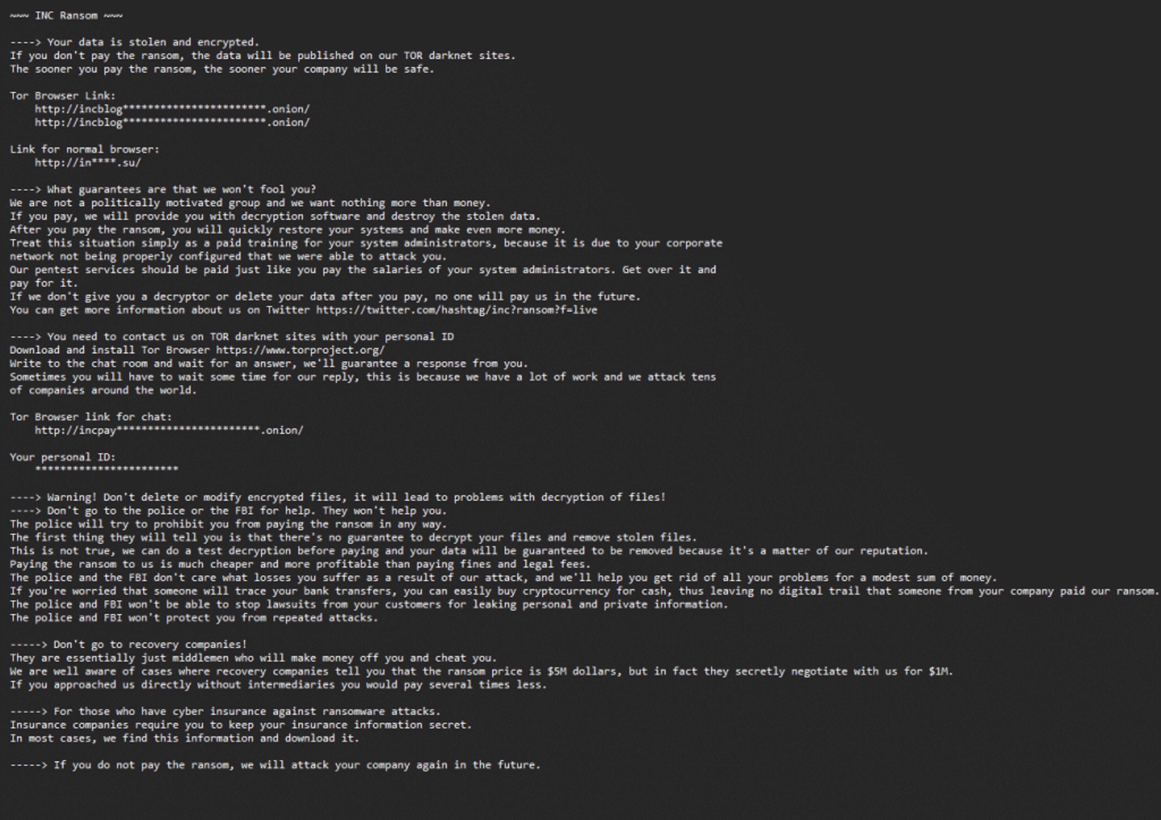 Ransom demand in a note from the INC ransomware program "INC-README.txt"