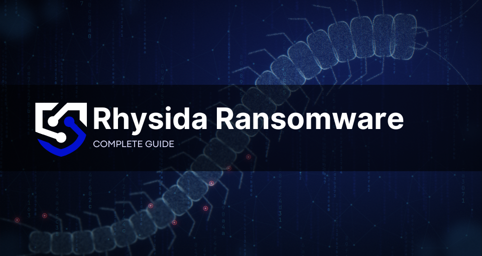 Rhysida ransomware illustration: a centipede, the group's emblem, crawling across a compromised network