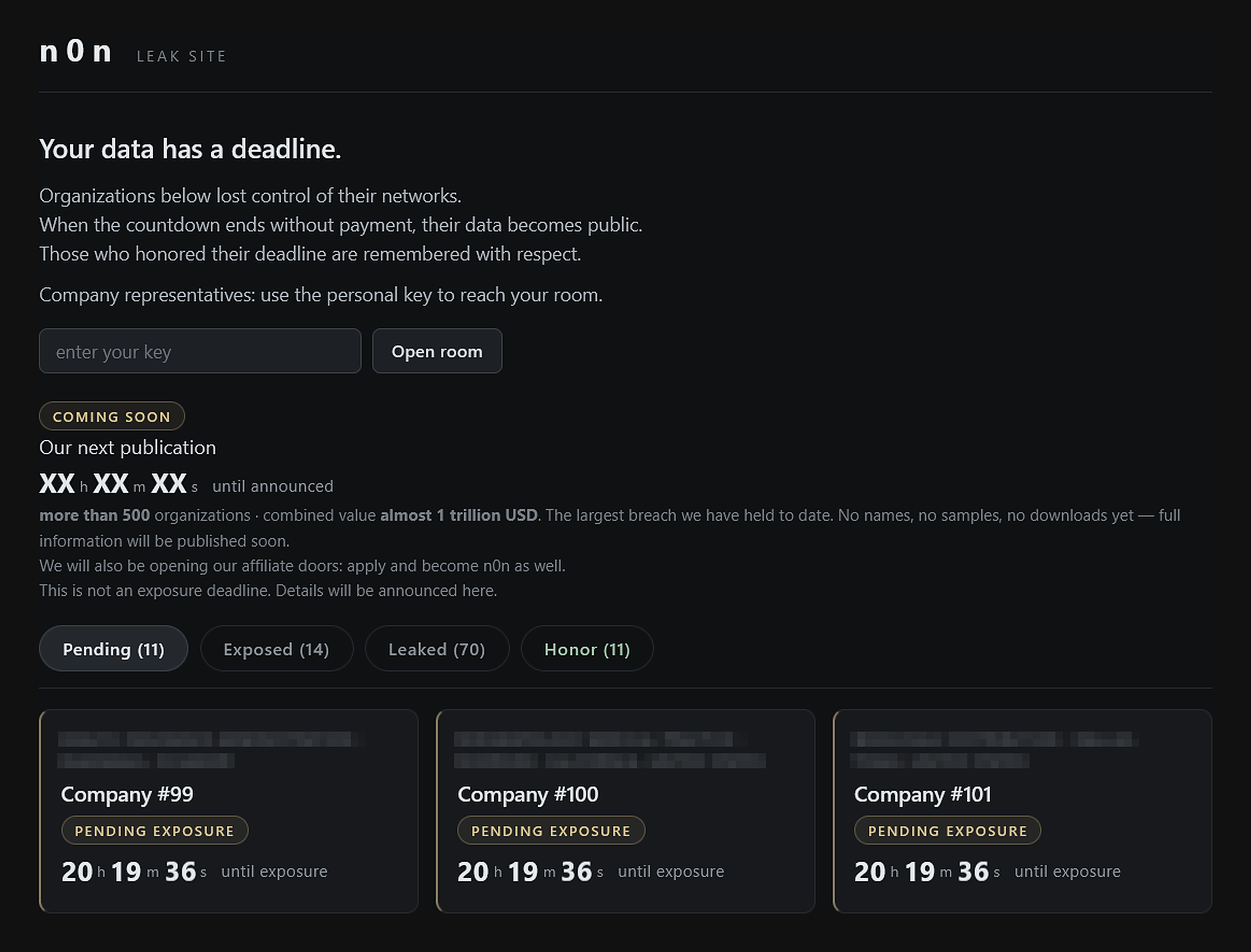 N0n leak site homepage with the personal key prompt, status tabs, and anonymous listings counting down to exposure