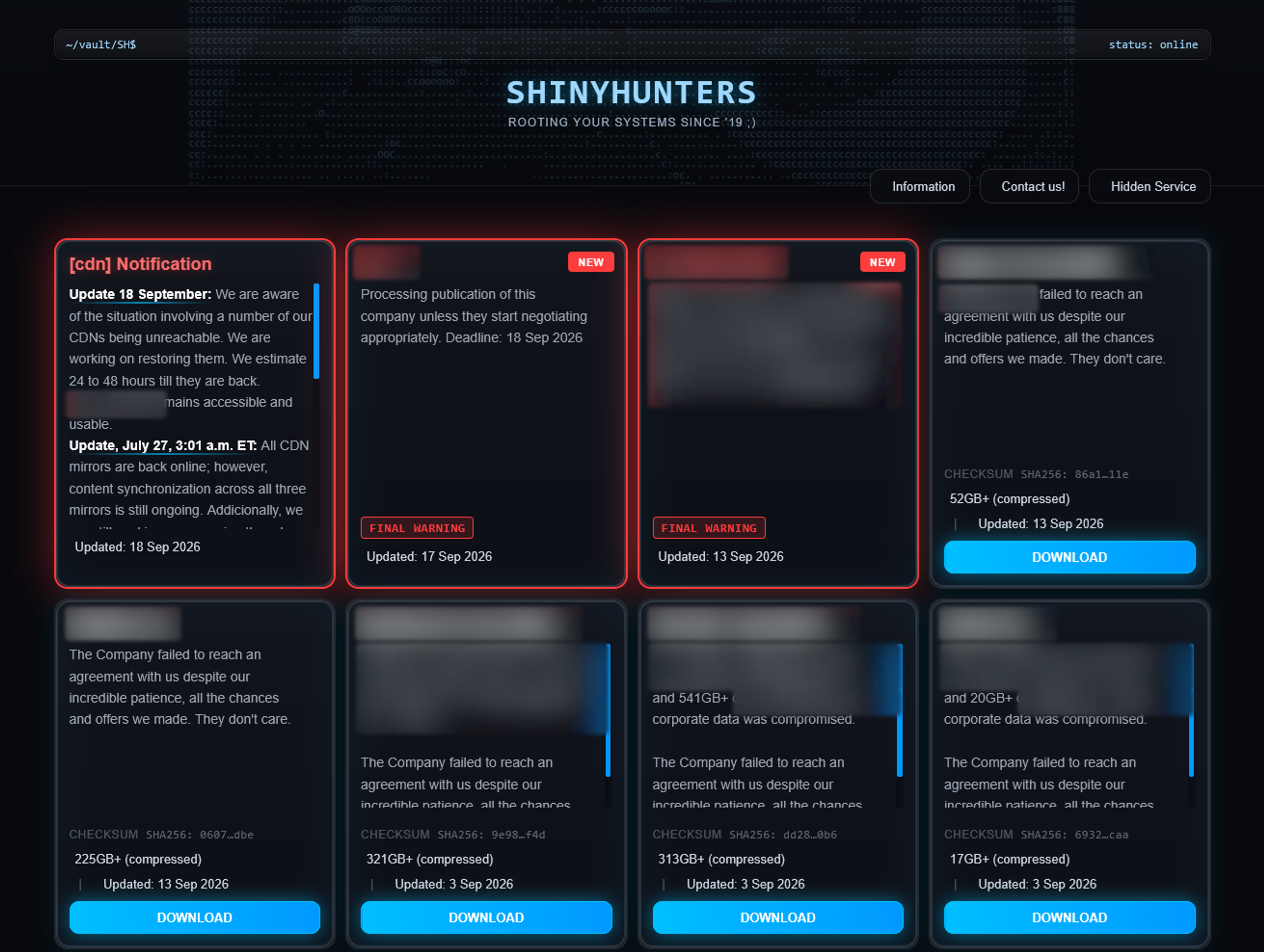 ShinyHunters leak-site listings used to pressure alleged victims with publication warnings and claimed data volumes.