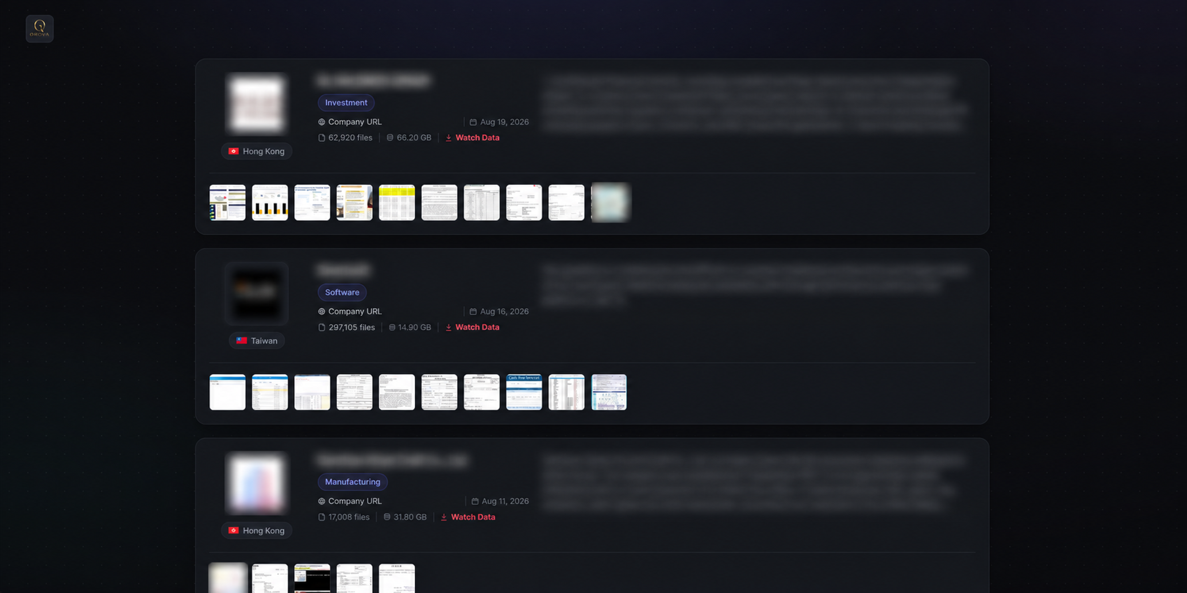 Orova ransomware Tor leak site with redacted victim listings showing sector, country, file counts, and data volumes