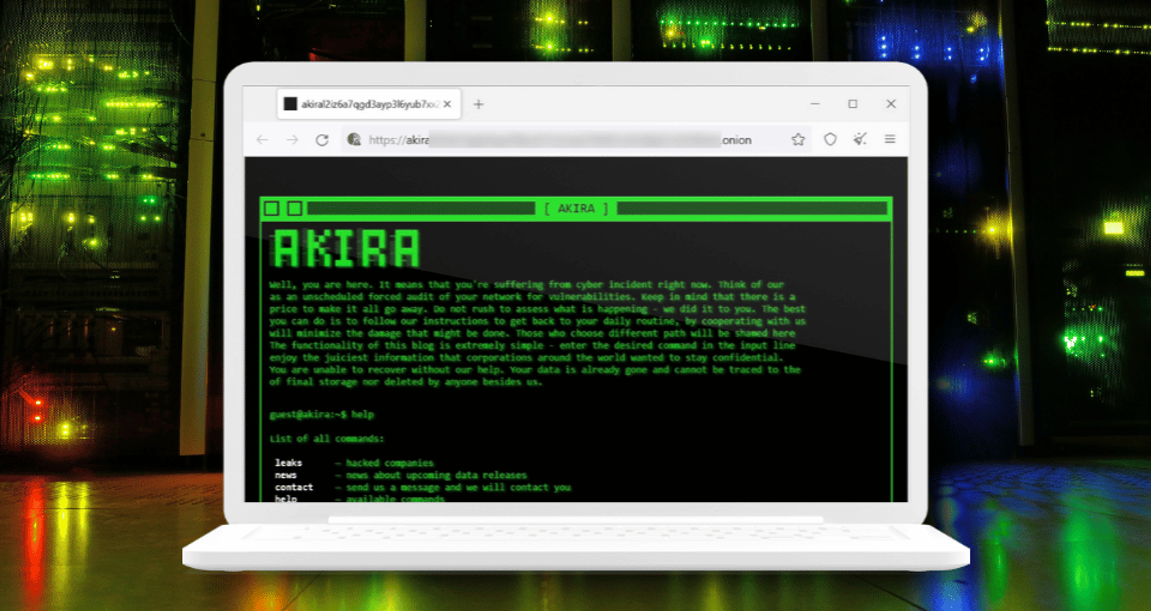 Akira Tor-based leak site displaying retro 1980s green-screen terminal interface