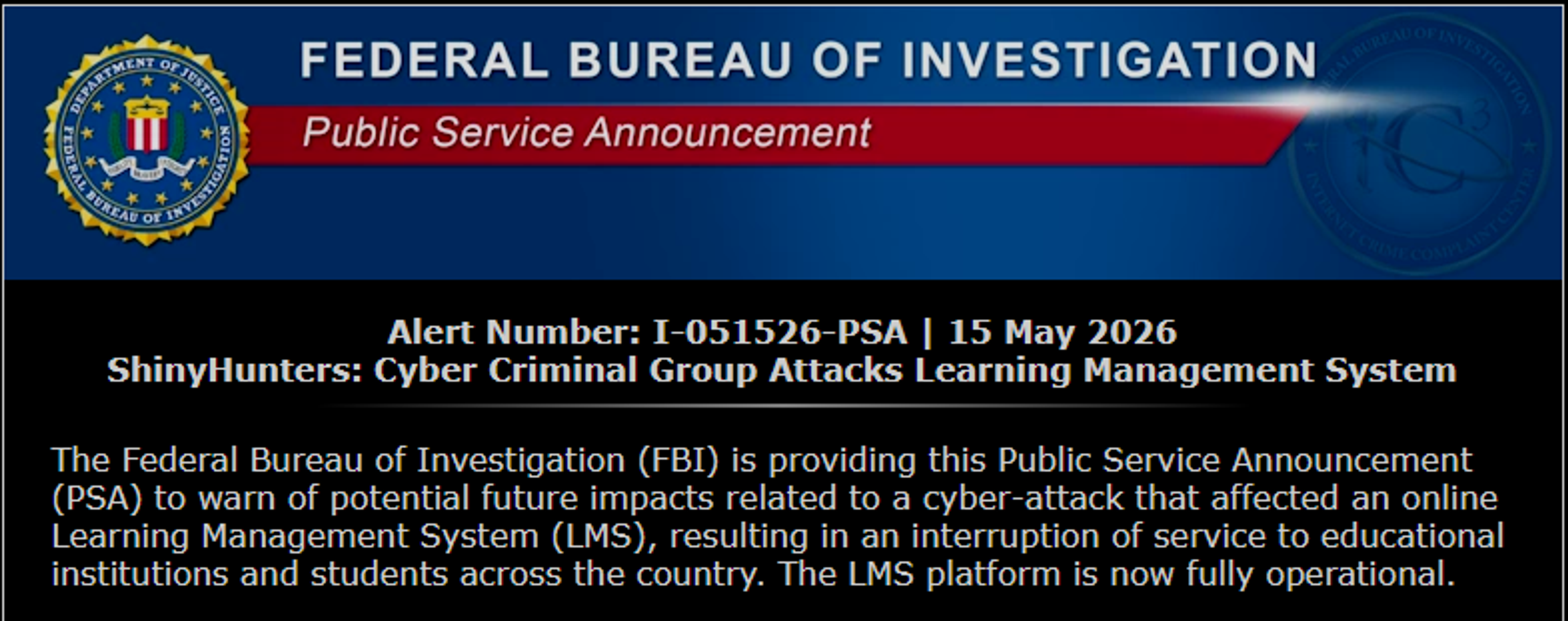 FBI public service announcement about ShinyHunters’ claimed attack on a learning management system.