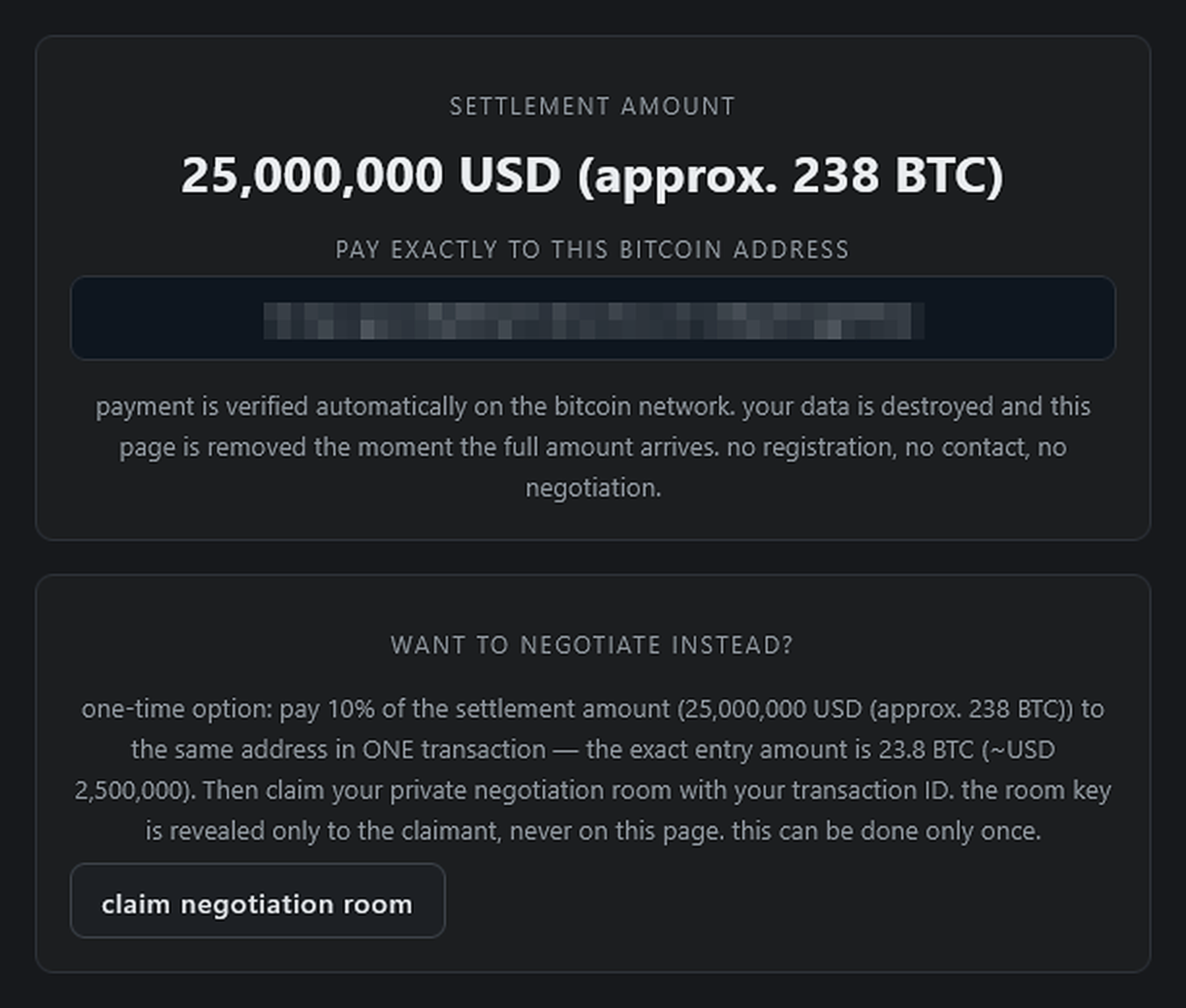 Payment page from one of n0n's maritime listings, with a settlement amount in US dollars and Bitcoin and a paid negotiation option