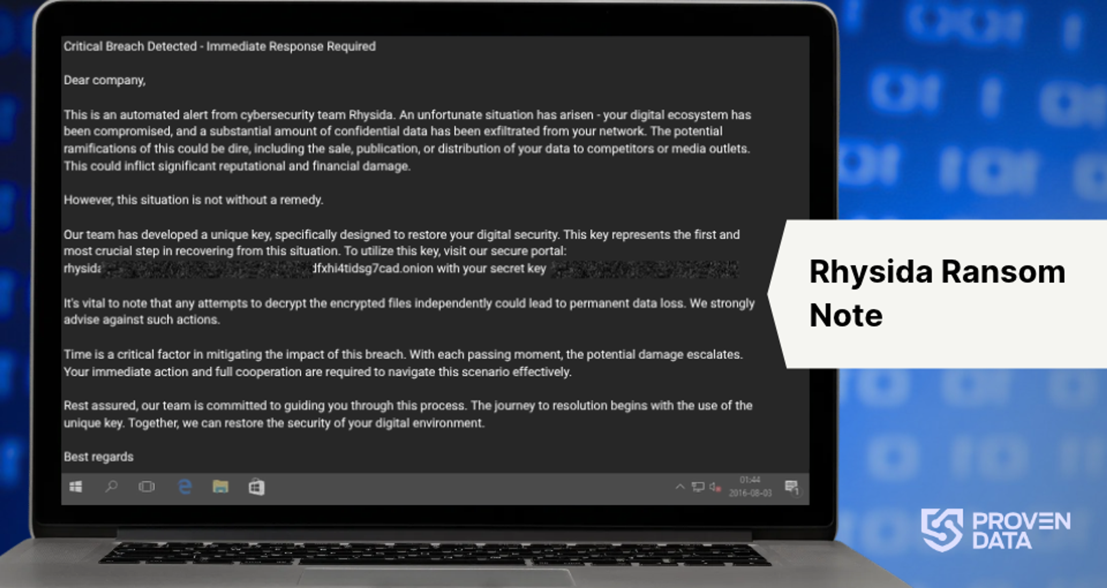 Rhysida ransom note posing as an automated alert from a cybersecurity team.
