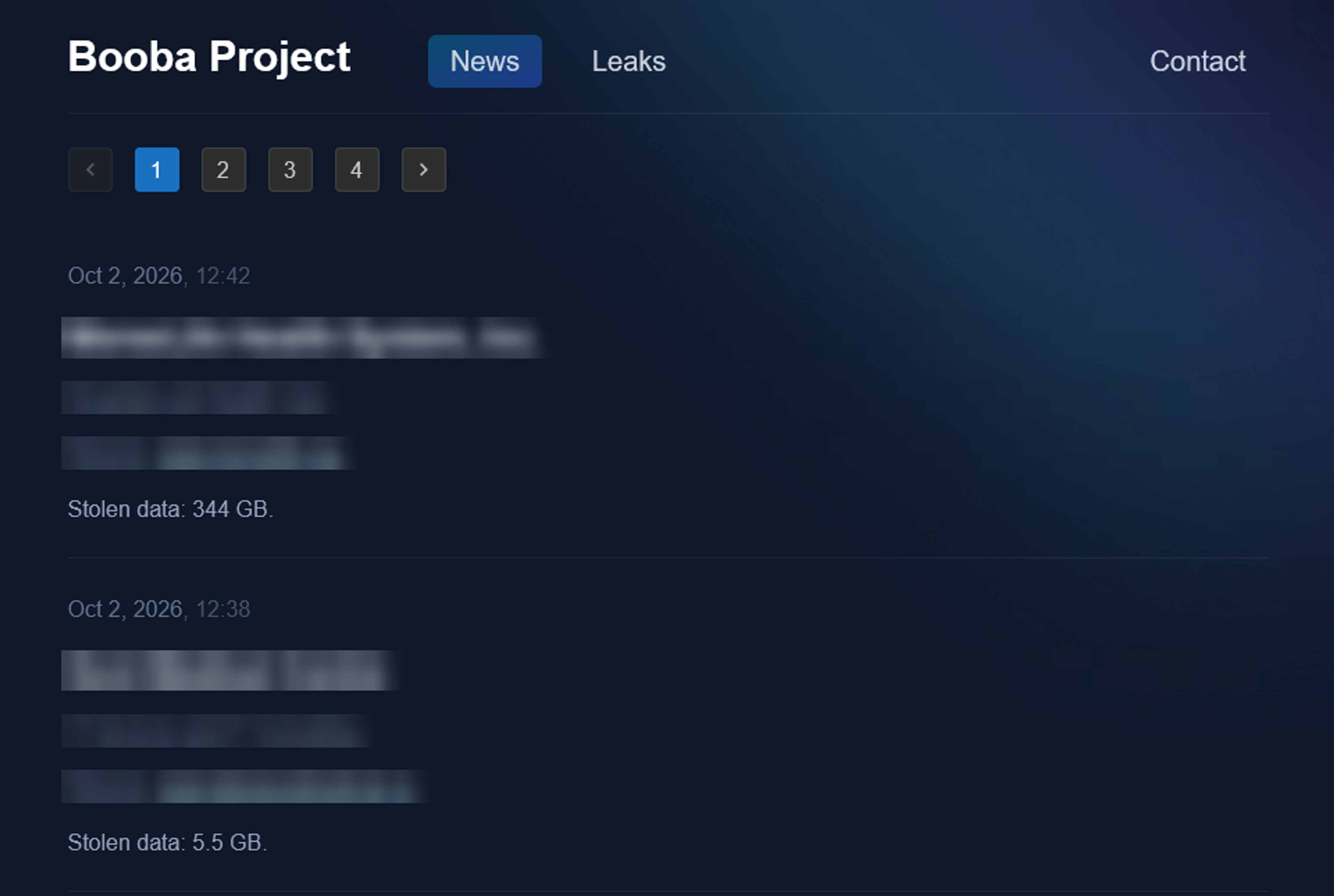 Booba Project leak site showing claimed victim posts with dates and stolen data volumes