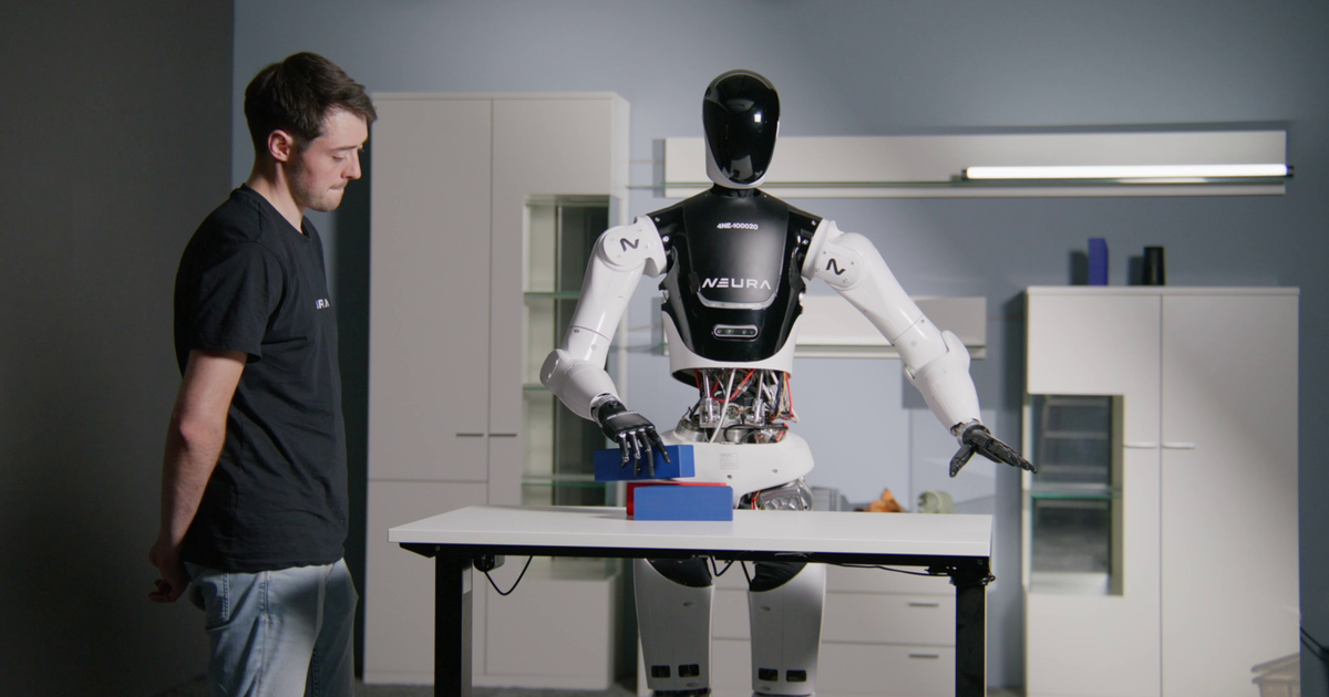 NEURA 4NE-1 humanoider Roboter im Forschungssetting bei der Manipulation von Bauklötzen am Tisch.