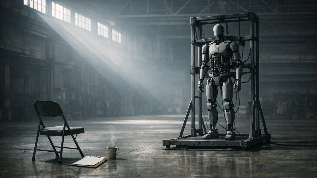 Symbolbild: Eine unfertige humanoide Roboterstruktur in einem dunklen Hangar, daneben eine einzelne Lampe und ein leerer Klappstuhl mit Klemmbrett.