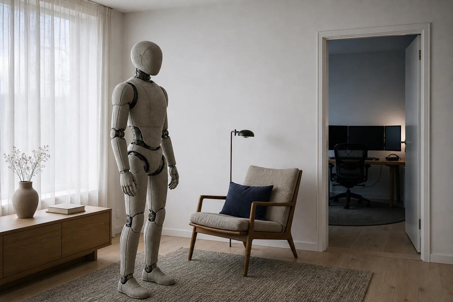 Stoffbezogener humanoider Heimroboter in einem Wohnzimmer, daneben ein sichtbarer Teleoperator-Arbeitsplatz.