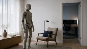 Stoffbezogener humanoider Heimroboter in einem Wohnzimmer, daneben ein sichtbarer Teleoperator-Arbeitsplatz.