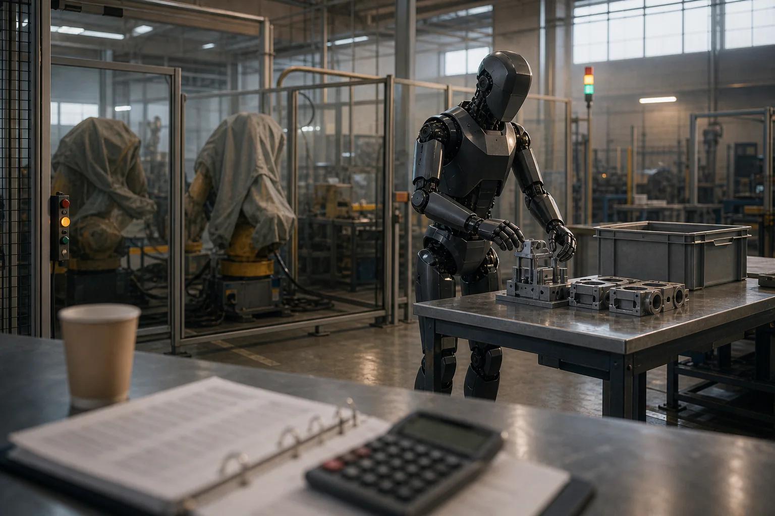 Humanoider Industrieroboter beim Hantieren mit Metallteilen, im Vordergrund unscharfe Finanzunterlagen.