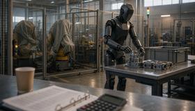 Humanoider Industrieroboter beim Hantieren mit Metallteilen, im Vordergrund unscharfe Finanzunterlagen.