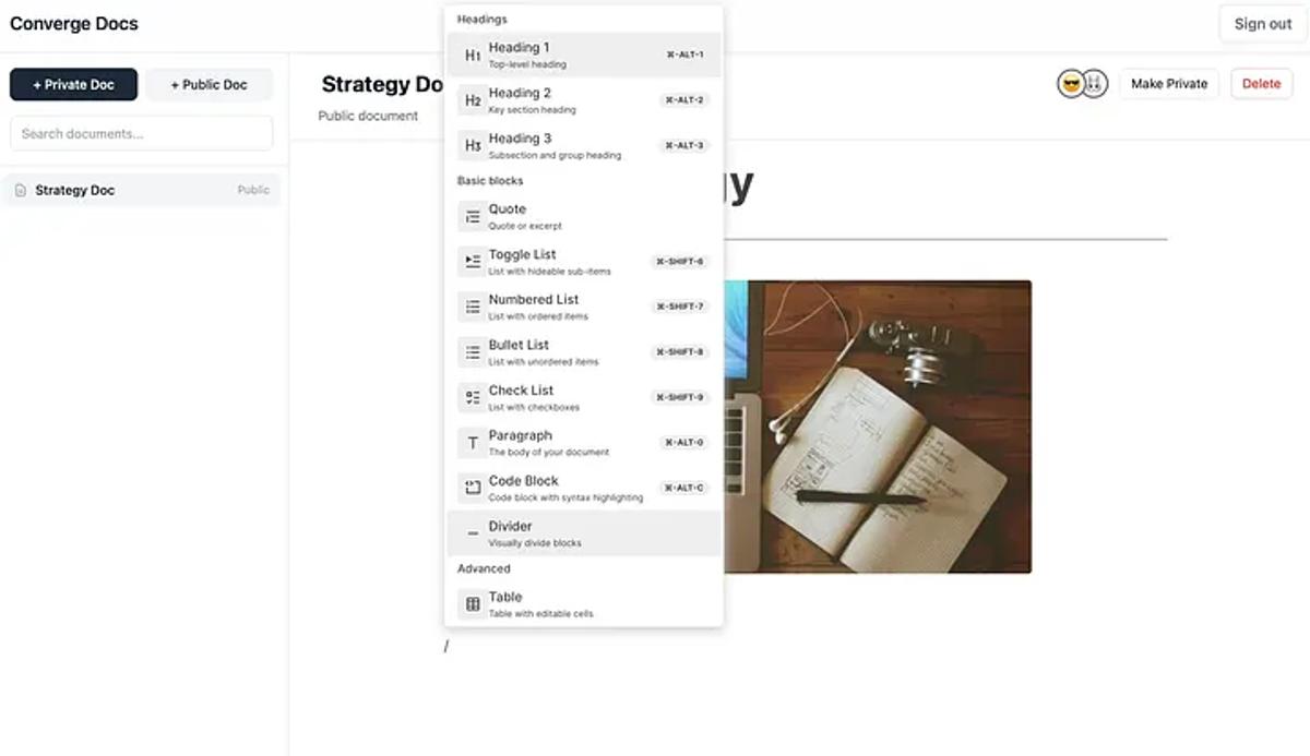 Slash commands for Notion UI built by Converge
