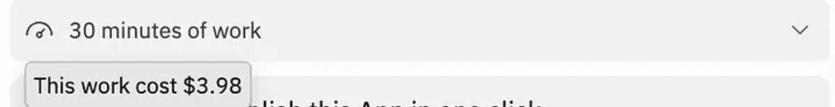 UI showing Replit cost and time spent on building app