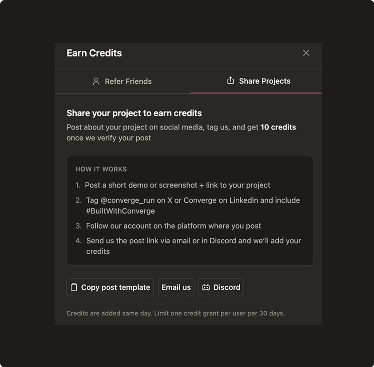 UI of social sharing referrals in Converge.run