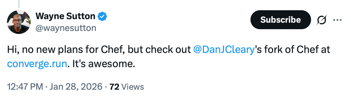 image of a tweet from wayne sutton aboutb convex chef and converge