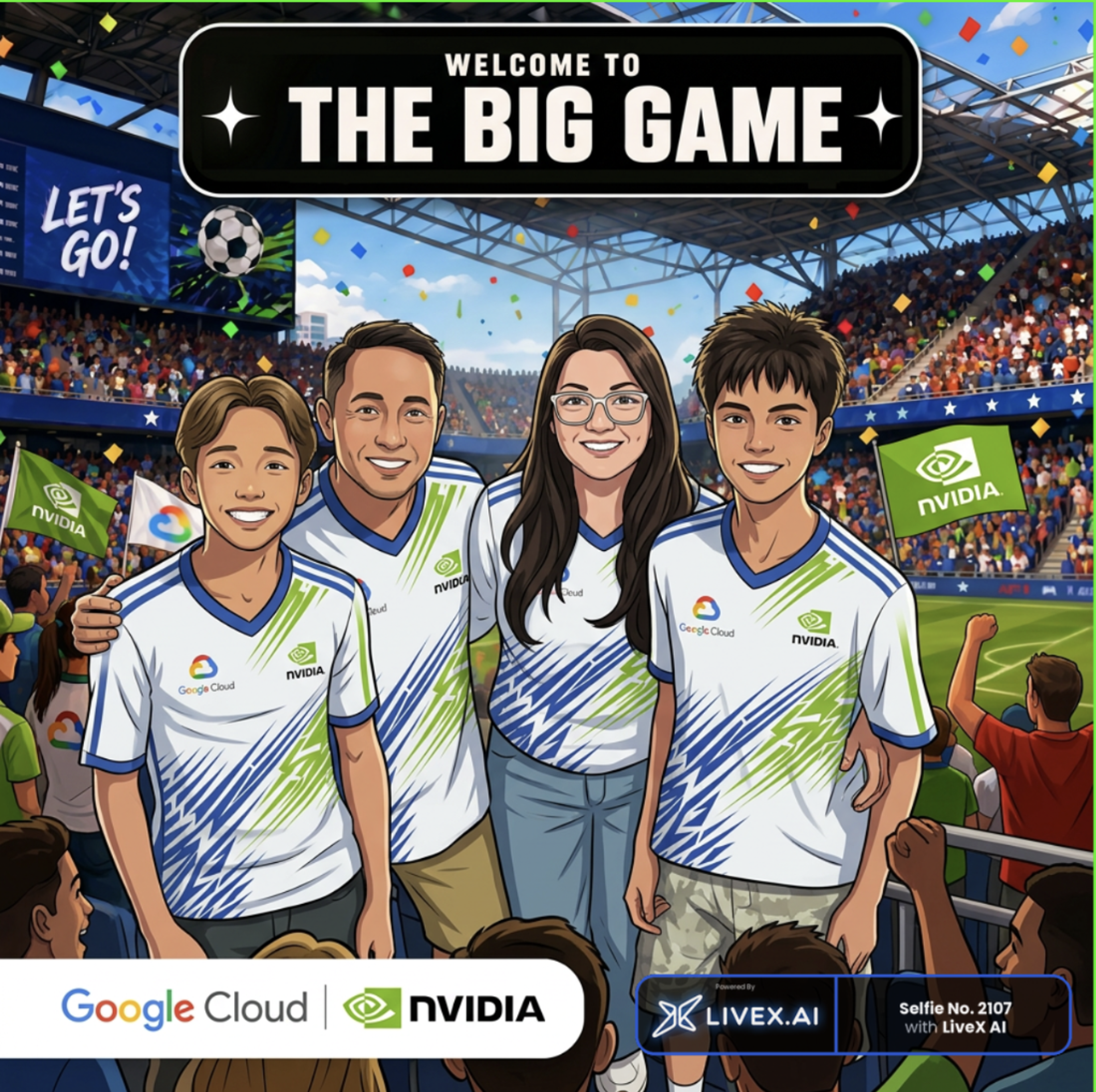 Group World Cup selfie with soccer themes and NVIDIA and Google Cloud branding