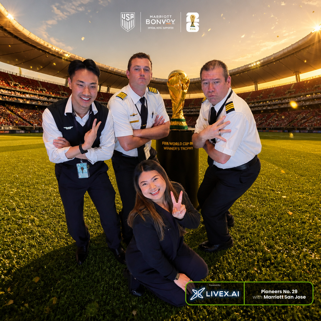 Marriott Bonvoy and FIFA co-branded World Cup selfie captured in the hotel lobby