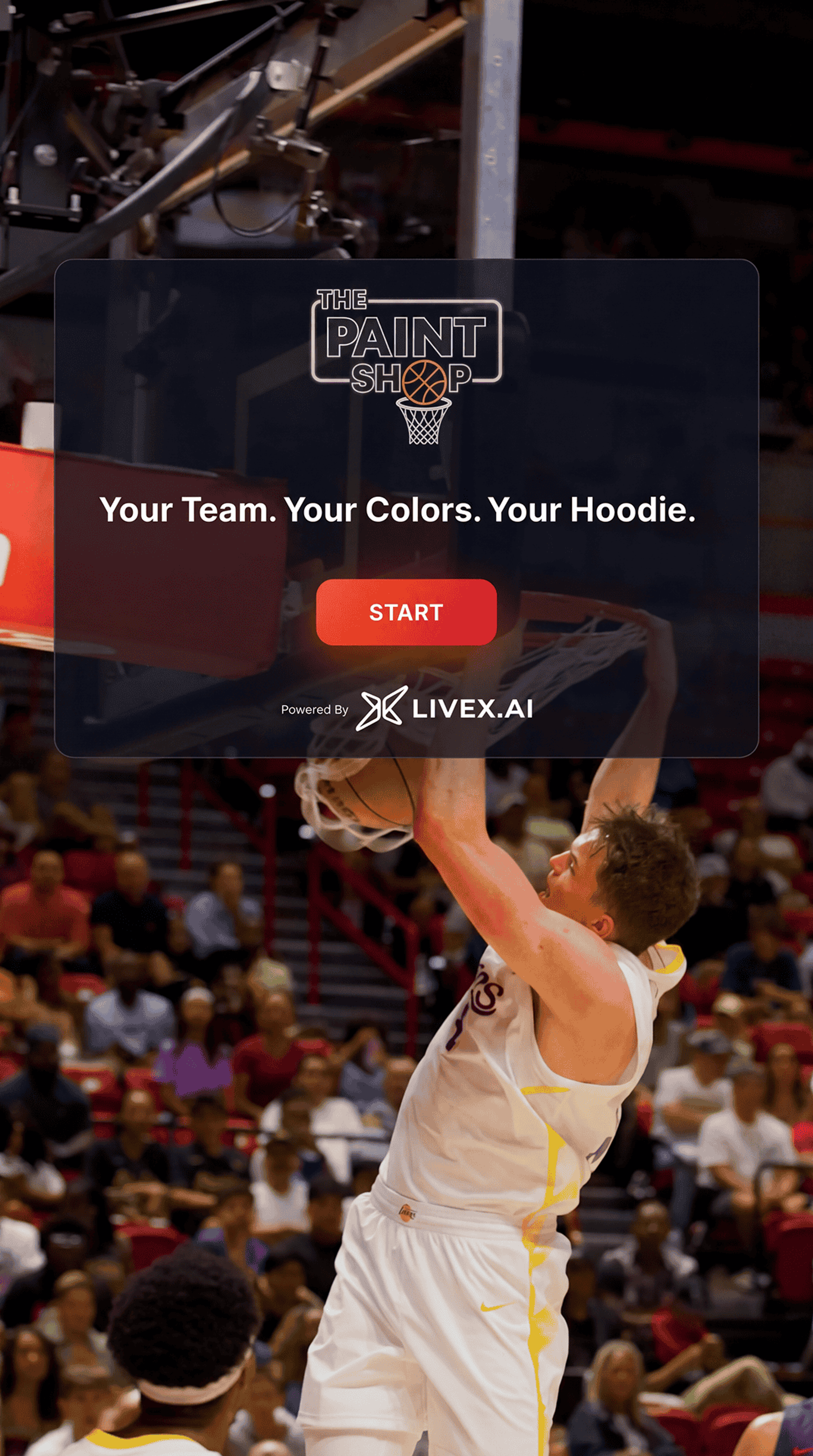 LiveX AI Paint Shop start screen inviting fans to design their NBA apparel.