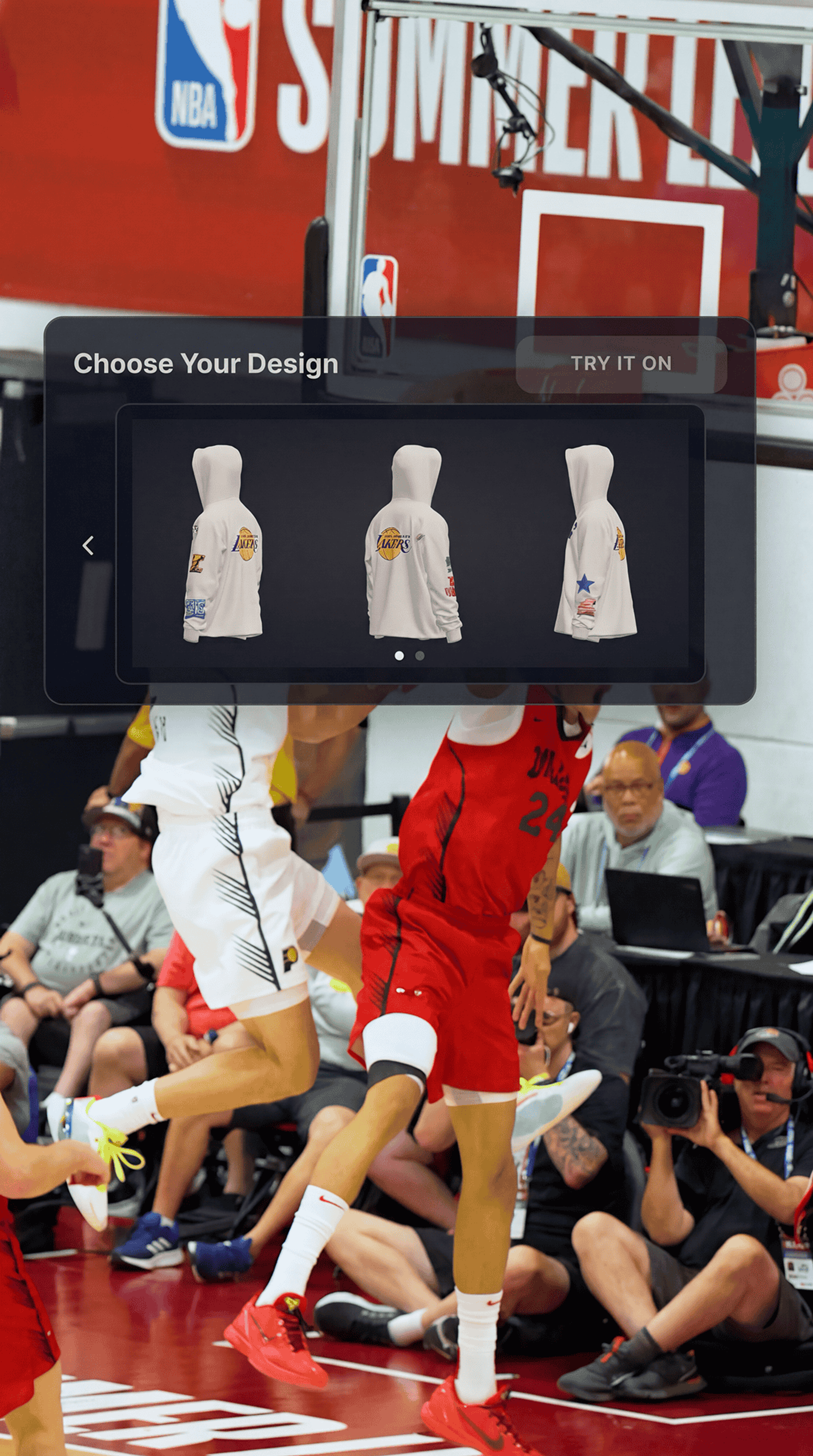 LiveX AI interface showing a fan trying on a custom NBA design in real time.