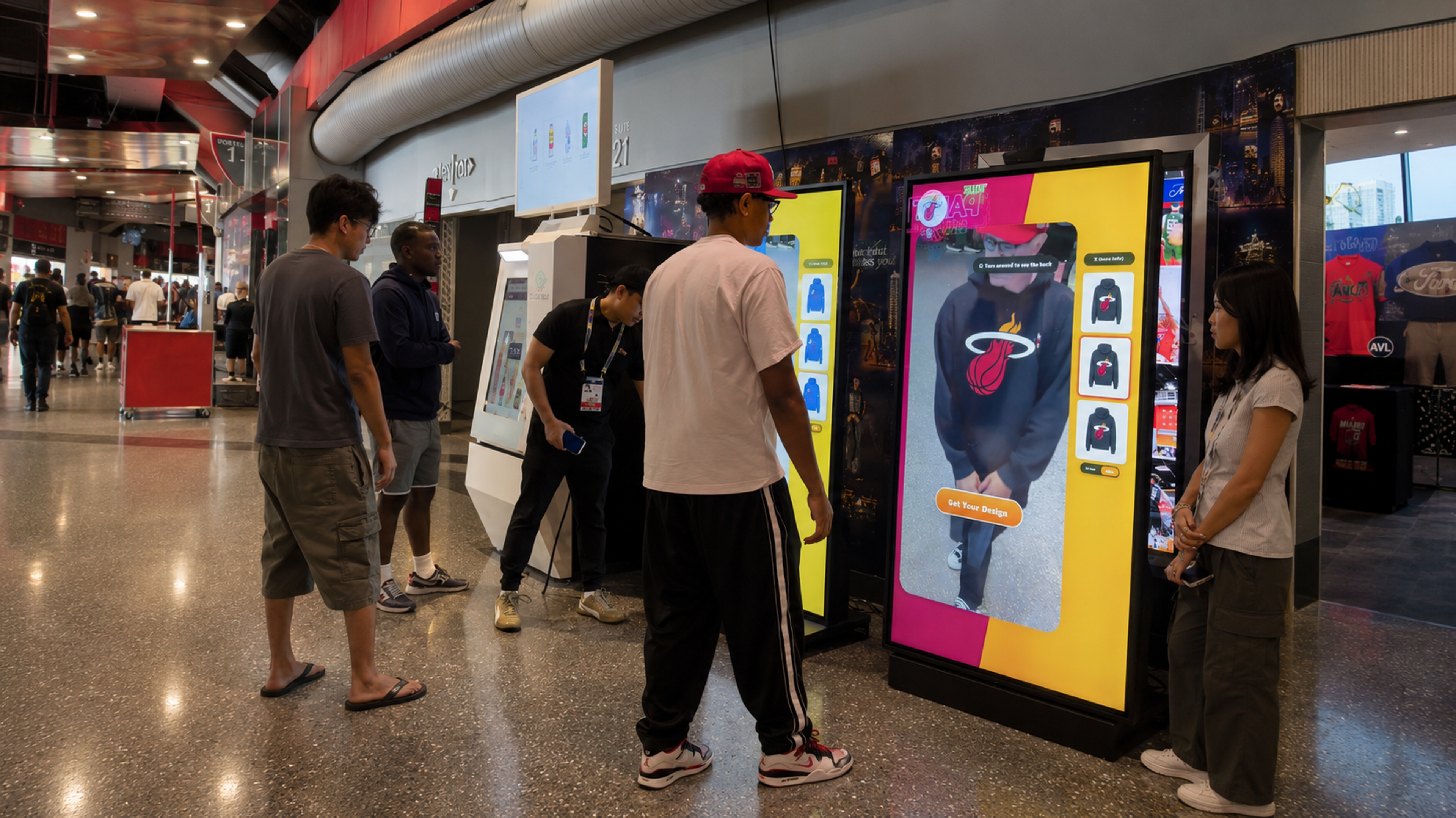 Fans using the LiveX AI apparel customization kiosk inside The Paint Shop.