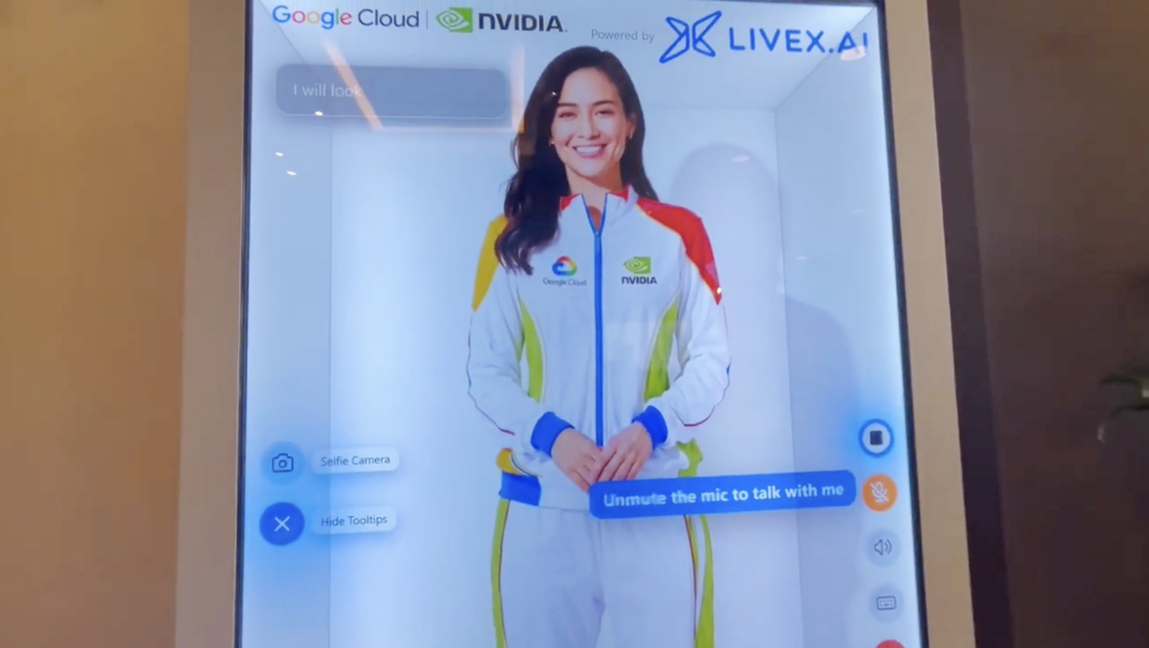 Google Cloud and NVIDIA branded Lyra AI avatar displayed on a LiveX Tower