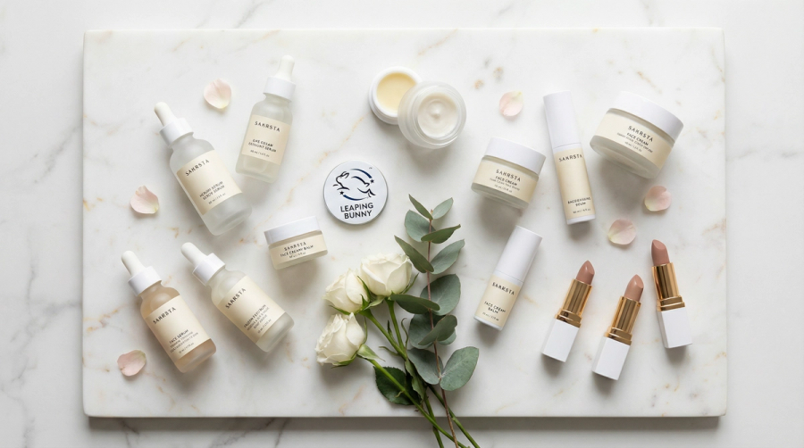 A collection of Leaping Bunny certified cruelty-free beauty products on a marble surface