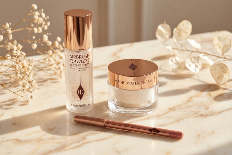Charlotte Tilbury Magic Water Cream, Airbrush Flawless Setting Spray, and Lip Cheat — some of the cleanest formulas in the range