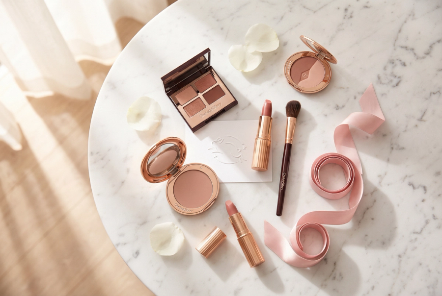 Charlotte Tilbury products arranged with a clean, aspirational aesthetic
