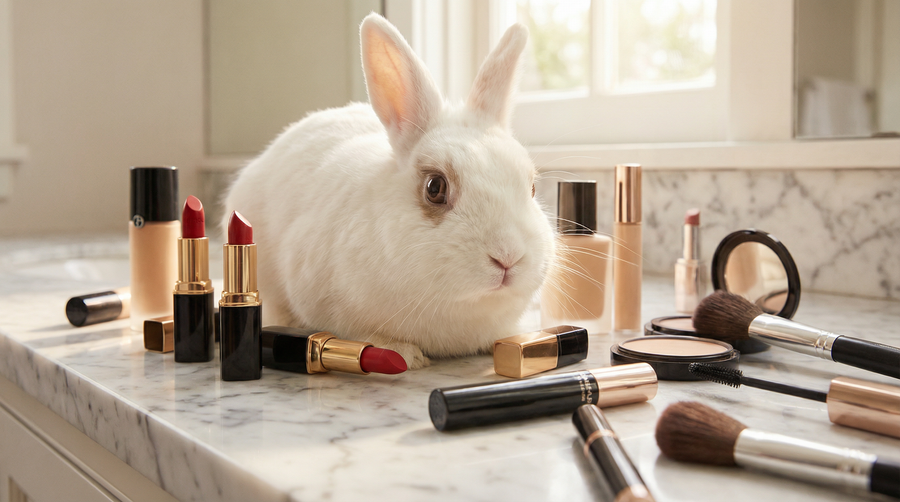 A white bunny surrounded by makeup products on marble — the reality of animal testing in beauty