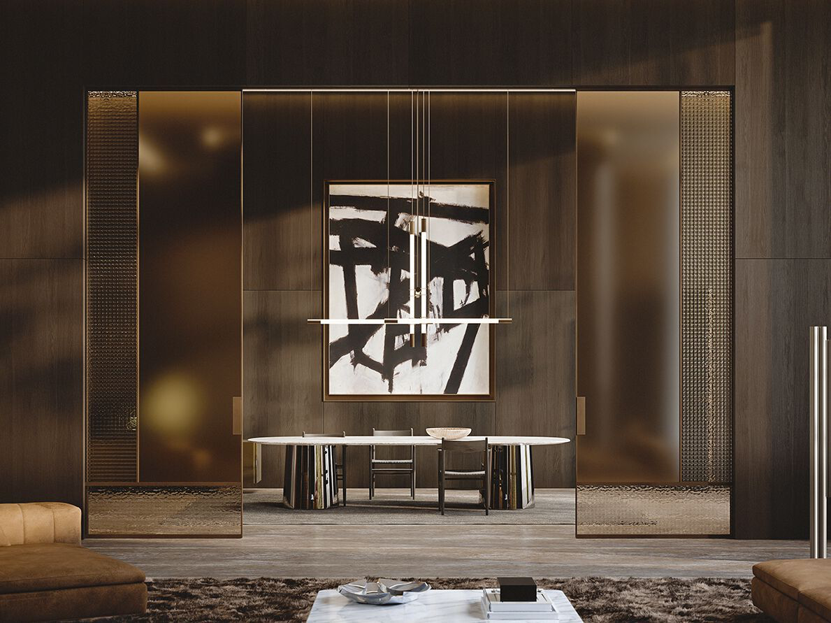 Modern étkező tükröződő beltéri tolóajtókkal, asztallal és absztrakt festménnyel