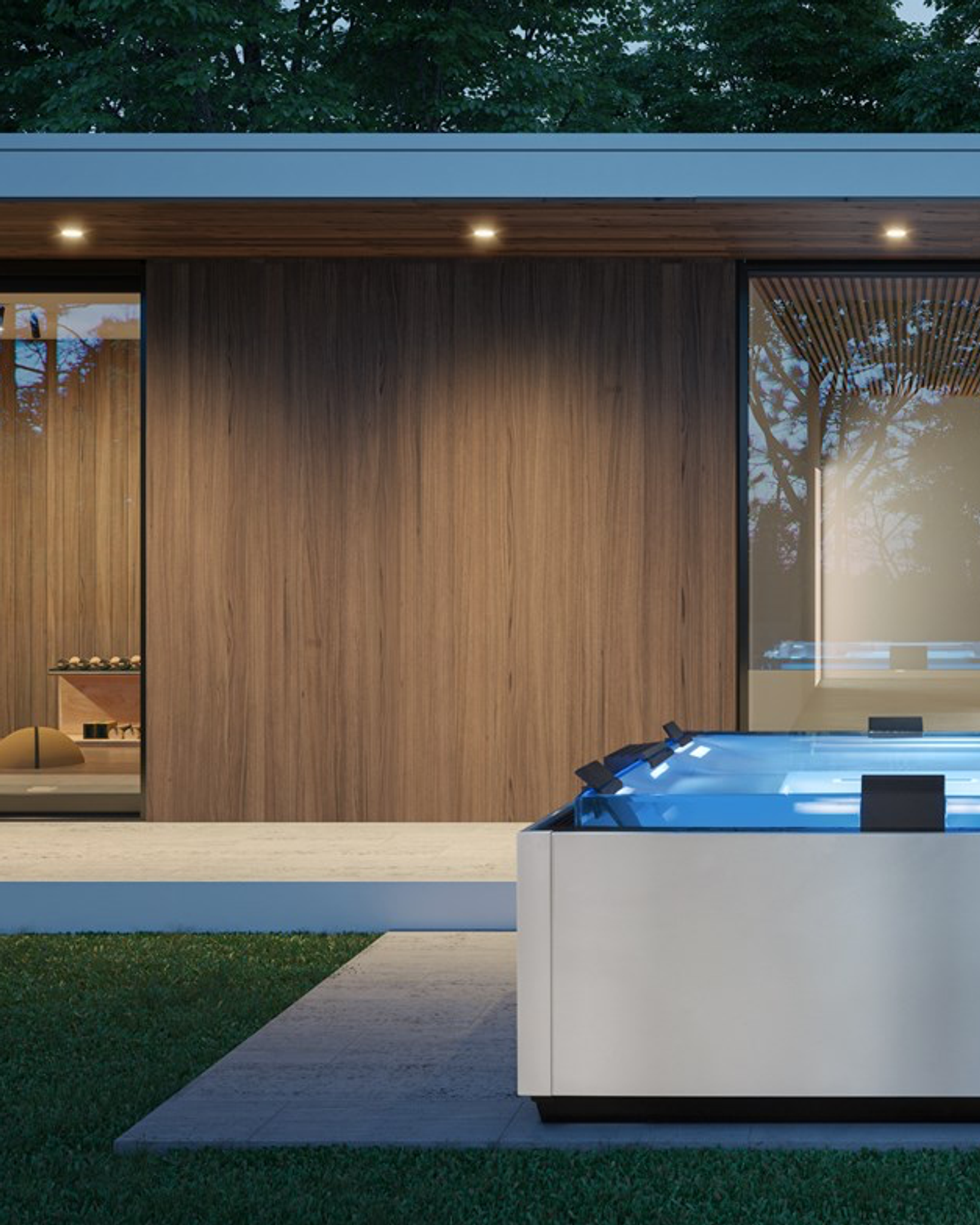 Kültéri pezsgőfürdő egy modern wellnessépület edzőterme és pihenőtere előtt