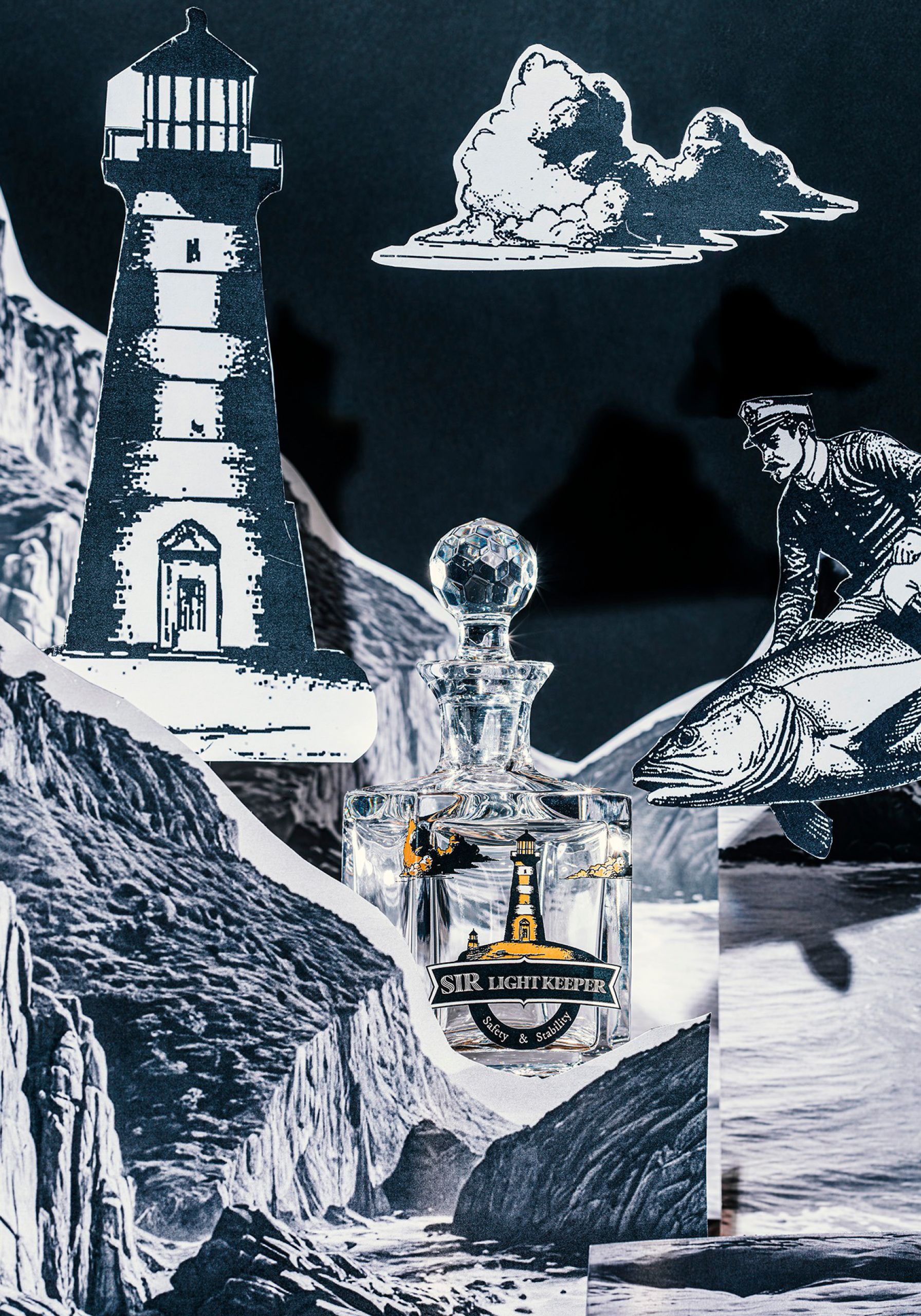 Sir Lightkeeper whiskys üveg világítótorony és halász kollázsában